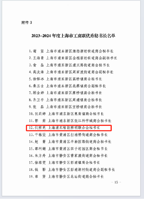 45-上海mile·米乐m6照明联合会代照亮 喜获 “2023-2024年度上海市工商联优秀秘书长